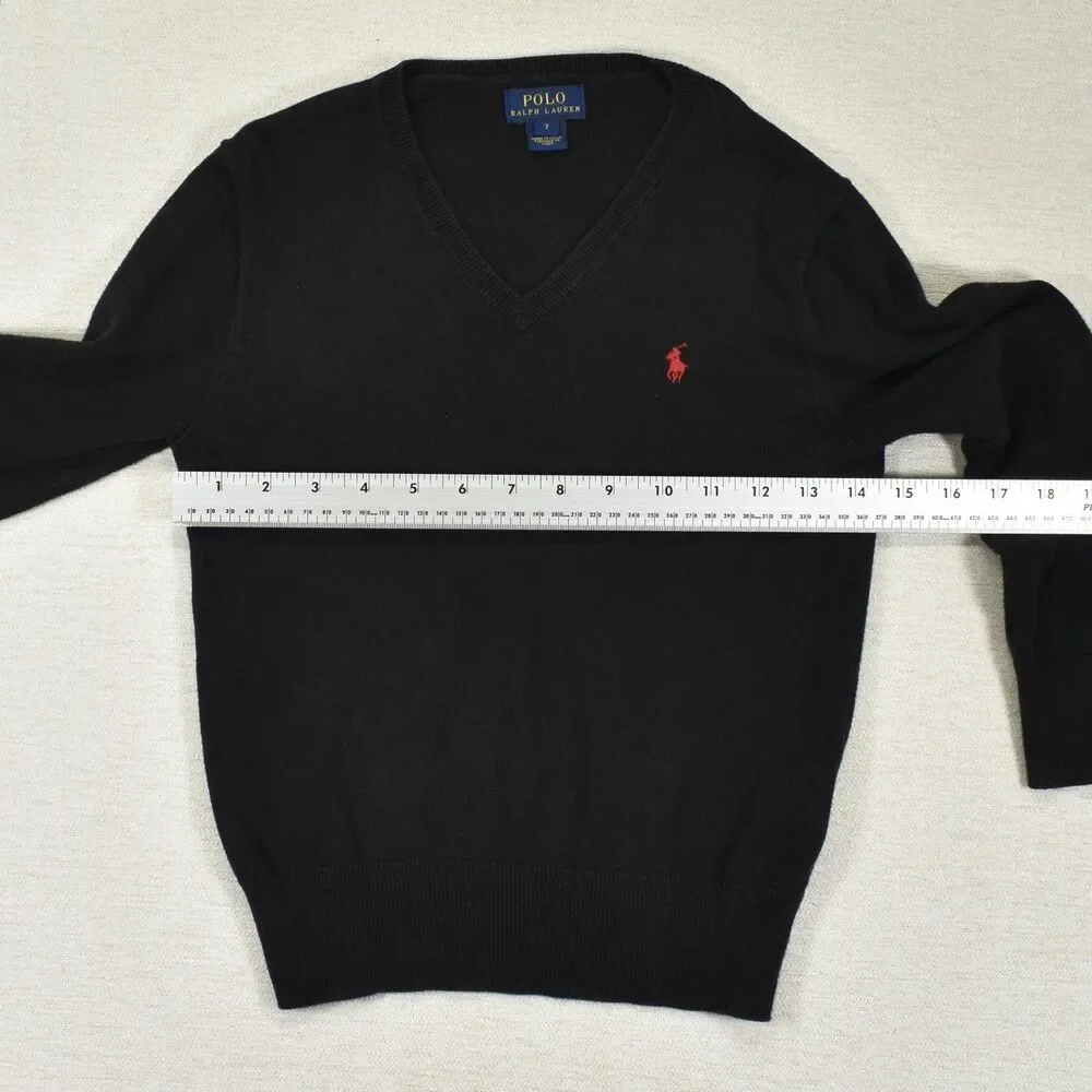 Polo Ralph Lauren Boys 7 Black V Neck Sweater Suede Elbow Patches Red Pony Knit